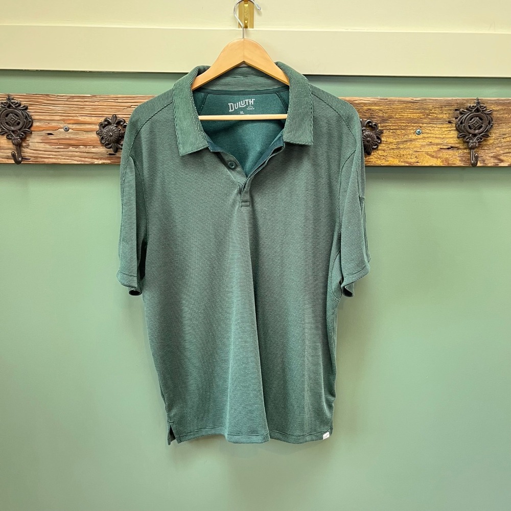 Duluth Trading Co XL Green Micro Stripe Polo Shirt Short Sleeve Standard